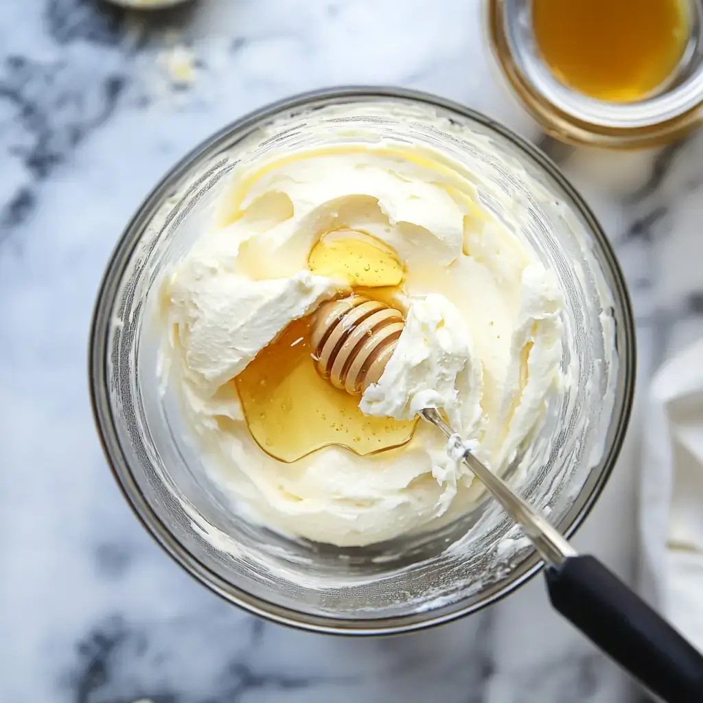 A blender in action, blending cottage cheese, honey, and vanilla extract into a smooth ice cream base.