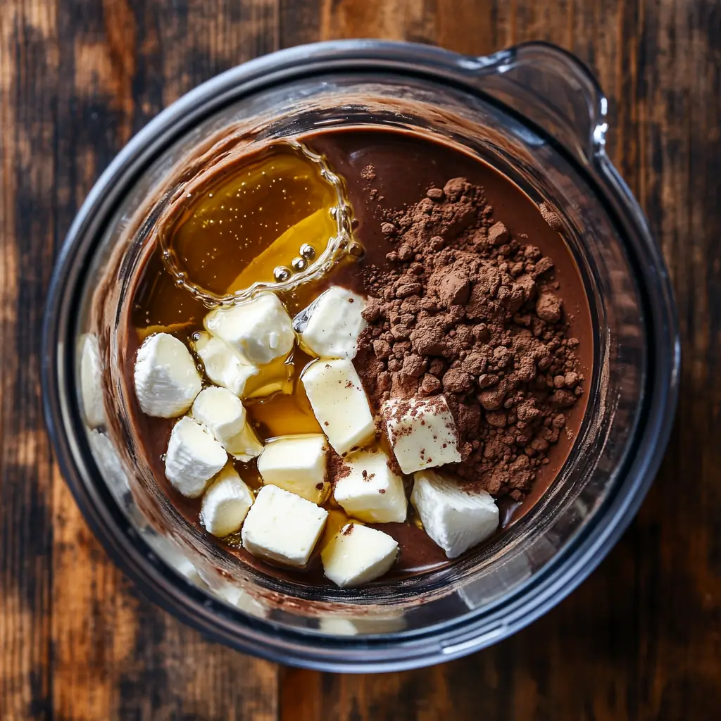 A blender filled with cottage cheese, cocoa powder, dark chocolate, and vanilla, ready to be blended for mousse preparation