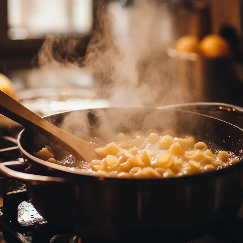 Image of elbow pasta boiling in a pot of salted water on a stovetop, with steam rising