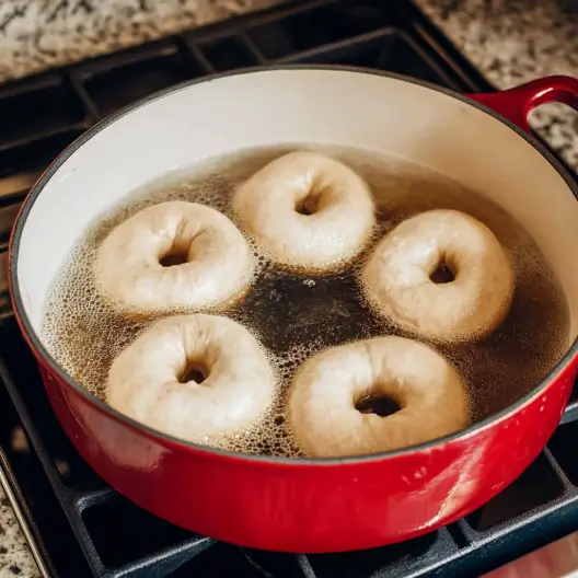 Sourdough discard bagels boiling in a steaming pot with a slotted spoon lifting one bagel.