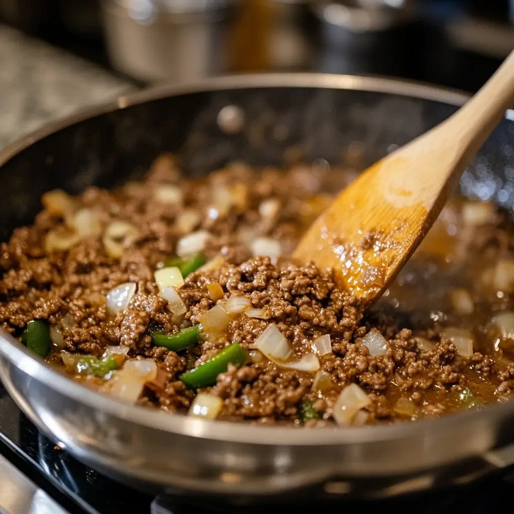 Ground beef, onions, garlic, and jalapeños browning in a pot, stirred with a wooden spoon for Taco Soup Frios