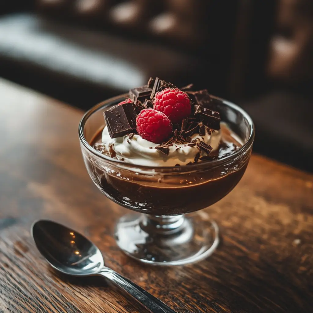 A serving of chocolate cottage cheese mousse garnished with whipped cream, grated chocolate, and fresh raspberries.