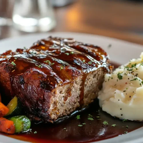 Perfectly glazed meatloaf recipe lipton onion soup, served with mashed potatoes and roasted vegetables