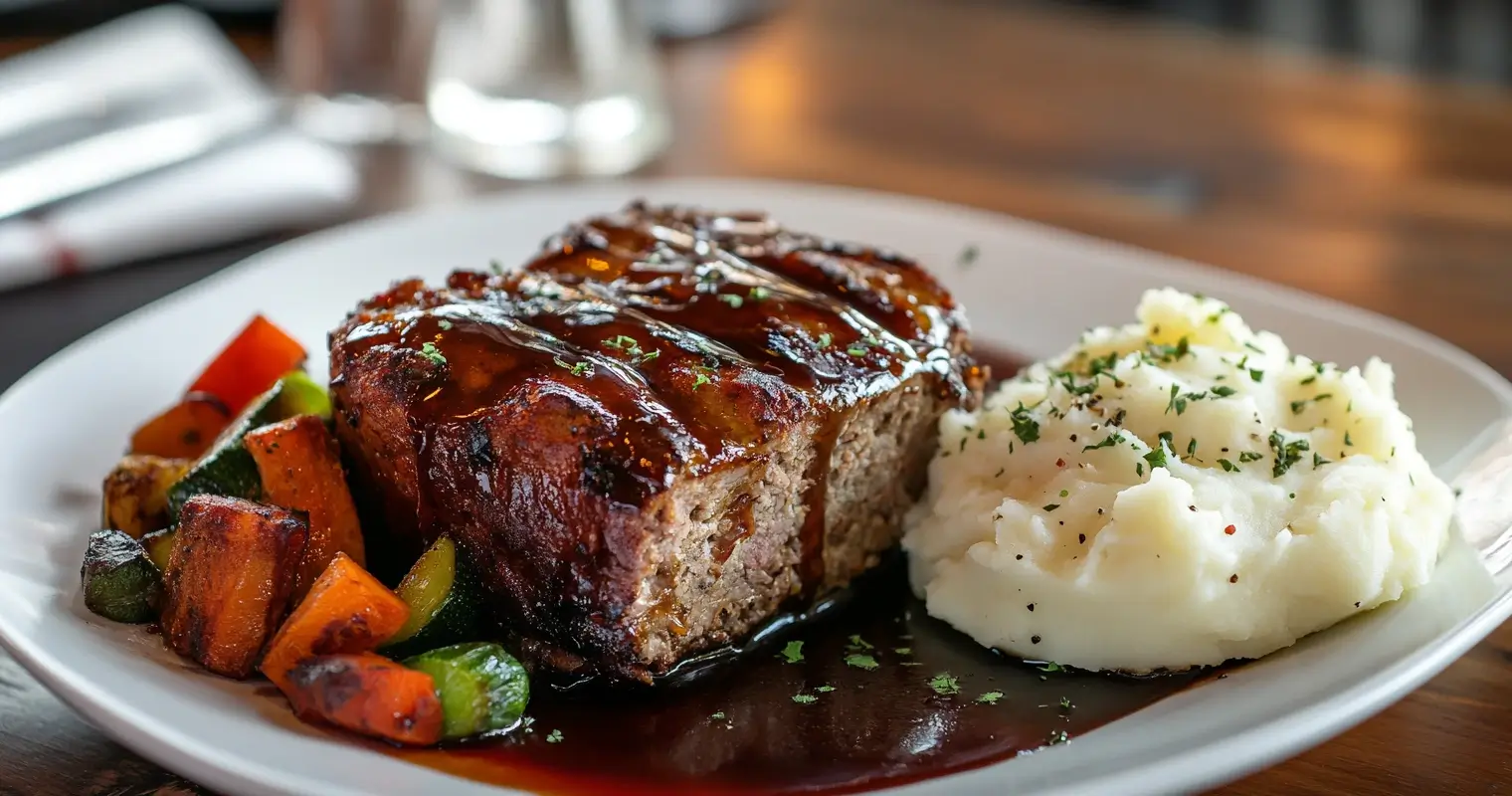 Perfectly glazed meatloaf recipe lipton onion soup, served with mashed potatoes and roasted vegetables