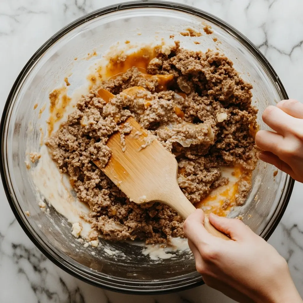 Mixing ground beef, breadcrumbs, milk, eggs, and Lipton onion soup mix in a bowl.