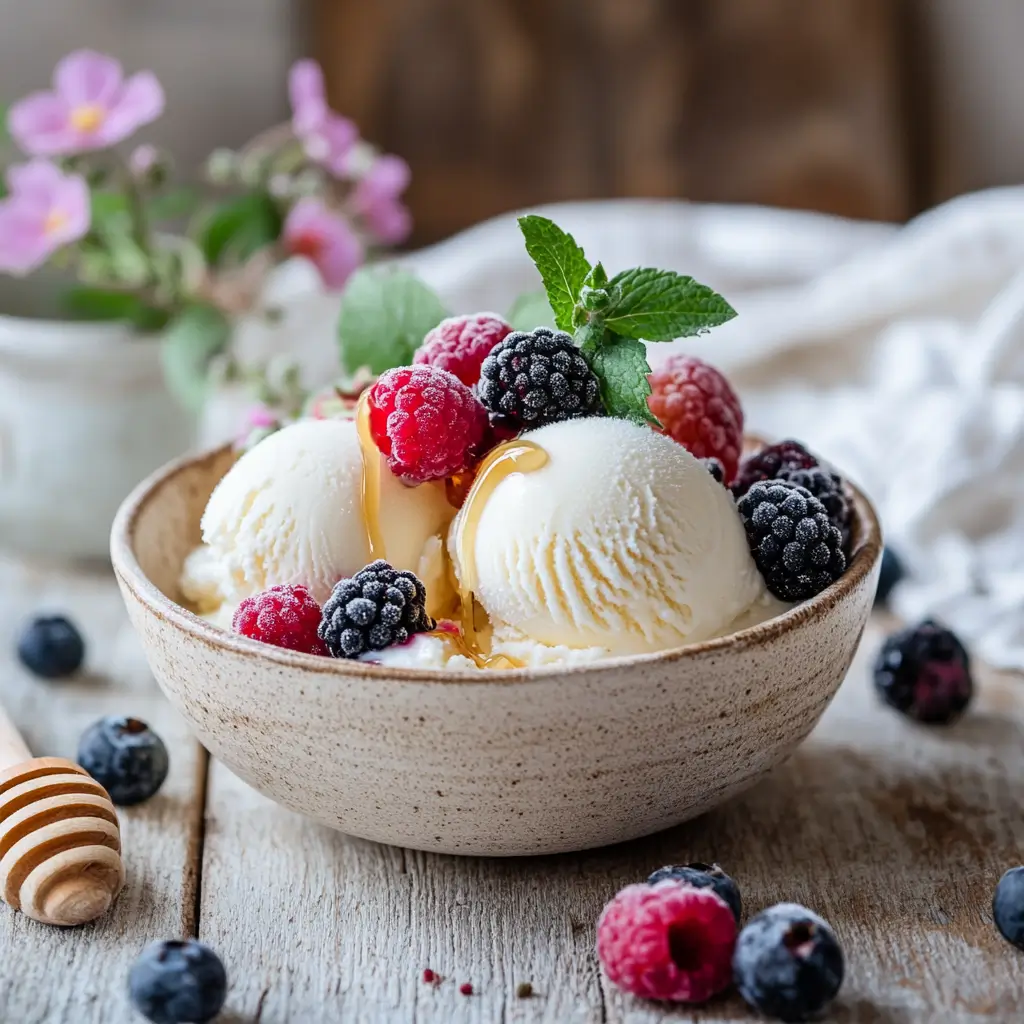 Cottage cheese ice cream served in a glass cup with fresh fruit, styled for dessert presentation.