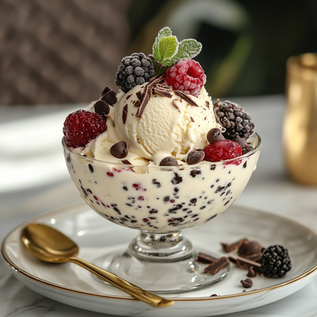 Cottage cheese ice cream served in a glass cup with fresh fruit and chocolate shavings, styled for dessert presentation.