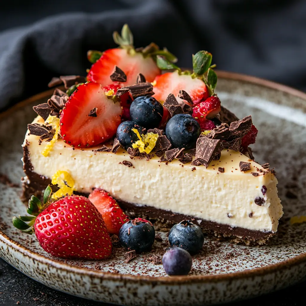 A beautifully presented cheesecake slice, topped with fresh strawberries, blueberries, lemon zest, and chocolate shavings, served on a rustic ceramic plate with a clean background