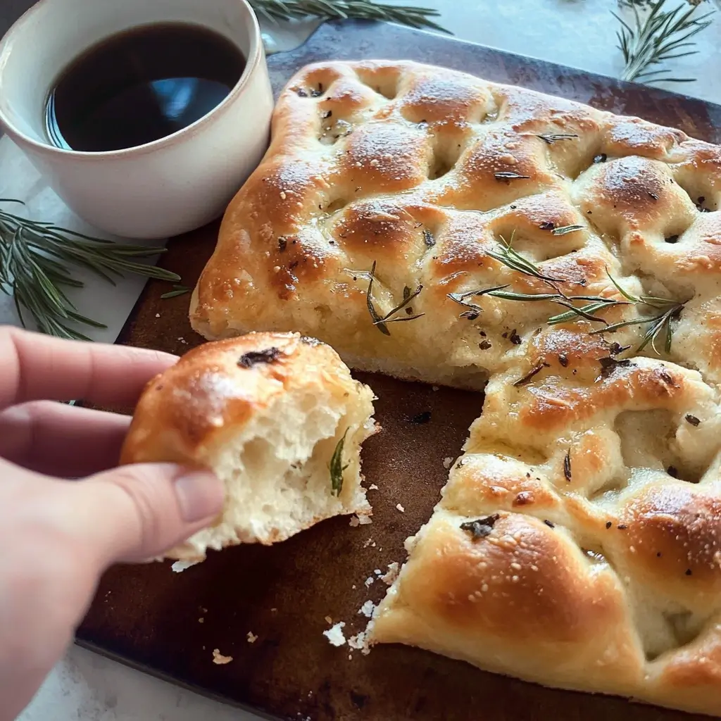 Freshly baked sourdough focaccia with golden crust, garnished with rosemary sprigs, served on a wooden board alongside a cup of coffee. A hand holding a piece of focaccia highlights its soft and airy texture