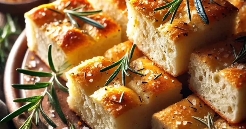 Close-up of perfectly baked sourdough focaccia squares, topped with fresh rosemary sprigs and flaky sea salt, displayed on a rustic wooden board.