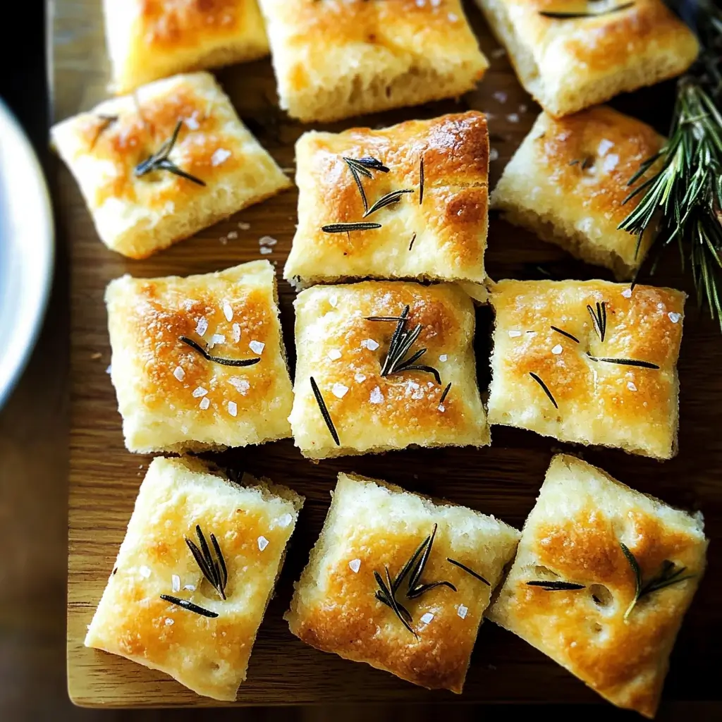 Freshly baked sourdough focaccia cut into golden squares, topped with rosemary sprigs and flaky sea salt, served on a wooden board