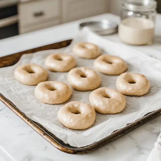 Shaped sourdough discard bagels covered with a towel on a baking sheet during fermentation.