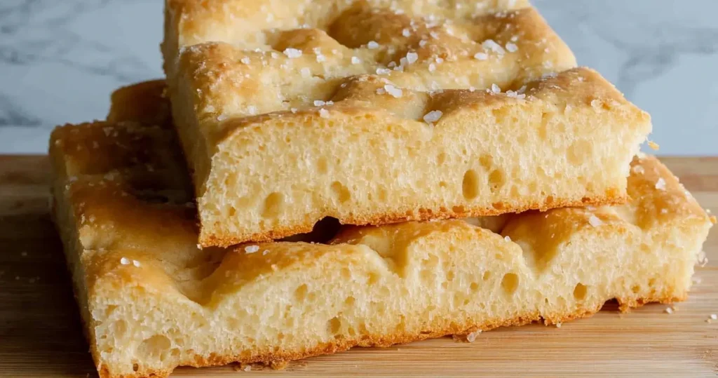 Close-up of golden sourdough discard focaccia slices with airy texture, sprinkled with flaky sea salt on a wooden board