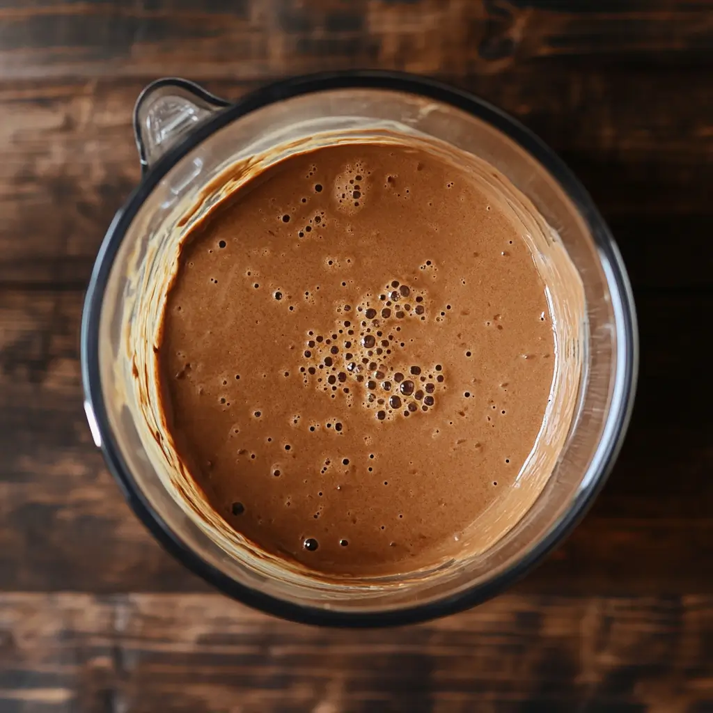 Freshly blended chocolate cottage cheese mousse being spooned into serving bowls, showcasing its creamy texture.