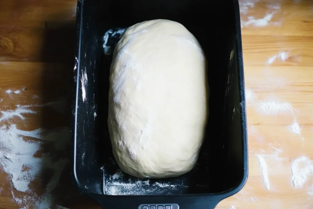 Shaped sourdough dough in a greased loaf pan, rising to double its size for baking