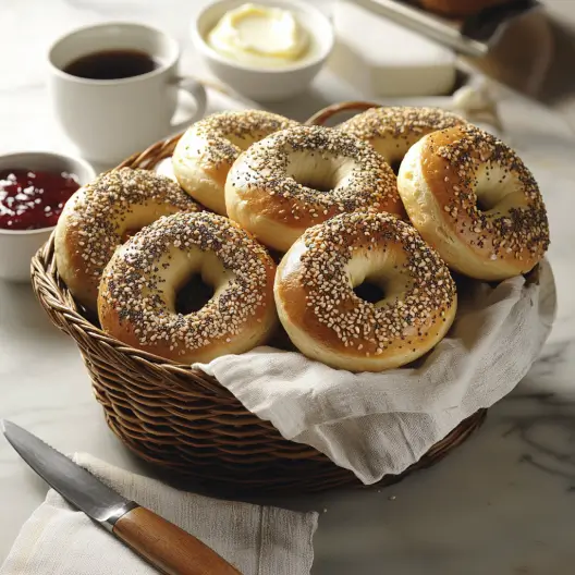 Basket of freshly baked sourdough discard bagels with toppings, served with cream cheese and coffee on a wooden table.