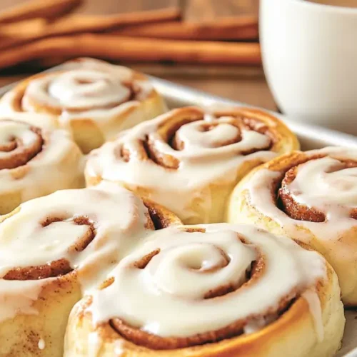 A tray of sourdough discard cinnamon rolls topped with cream cheese frosting, served on a rustic wooden table with a cup of coffee and cinnamon sticks