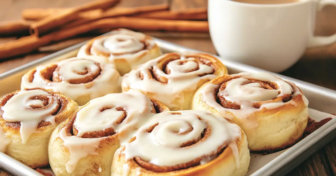 A tray of sourdough discard cinnamon rolls topped with cream cheese frosting, served on a rustic wooden table with a cup of coffee and cinnamon sticks