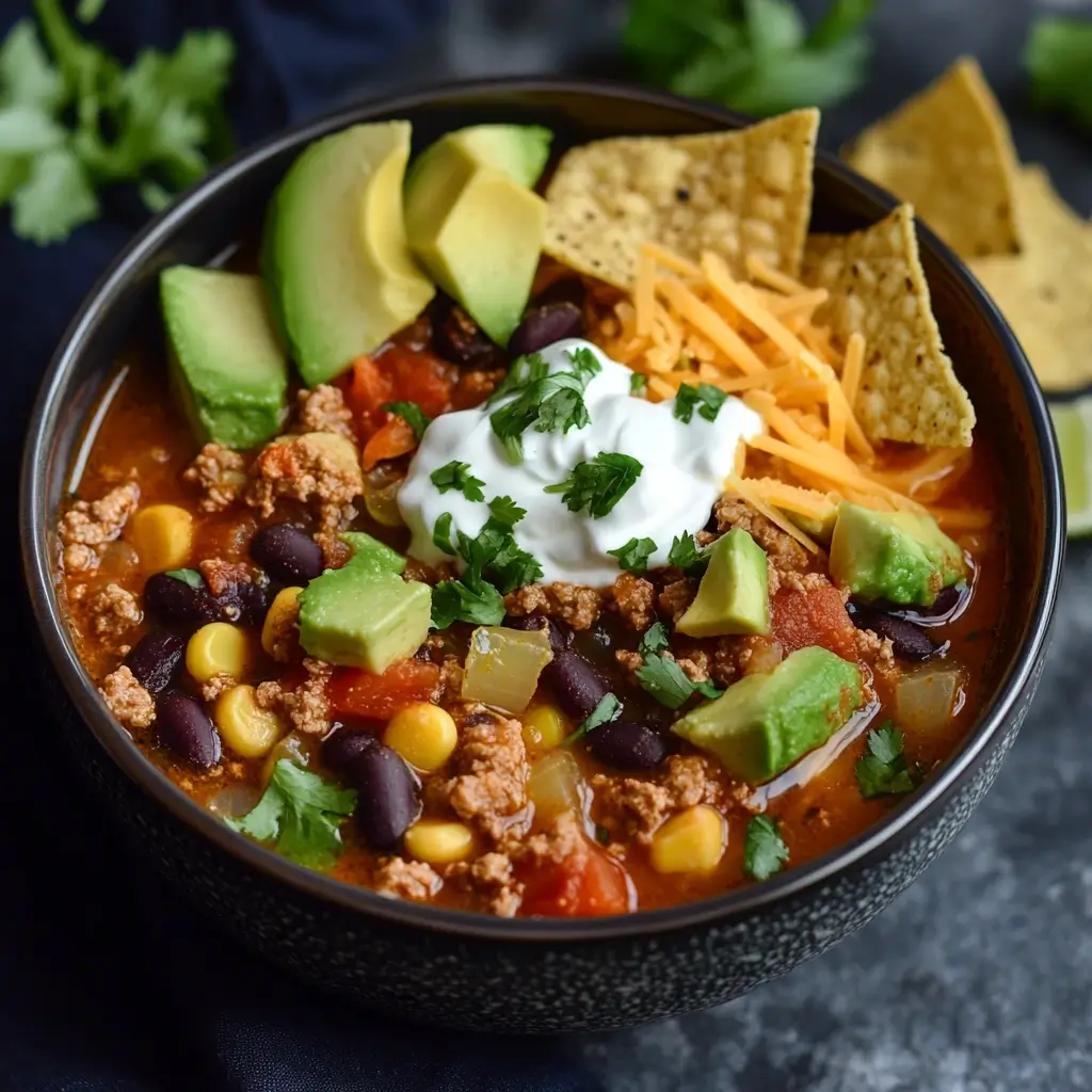 A bowl of Taco Soup Frios garnished with sour cream, avocado, cheese, cilantro, and tortilla chips, ready to enjoy