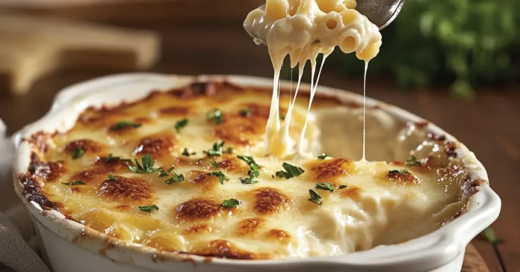 baked Tini Mac and Cheese Recipe with a golden crust and gooey cheese pull served in a white casserole dish