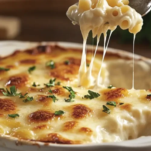 baked Tini Mac and Cheese Recipe with a golden crust and gooey cheese pull served in a white casserole dish