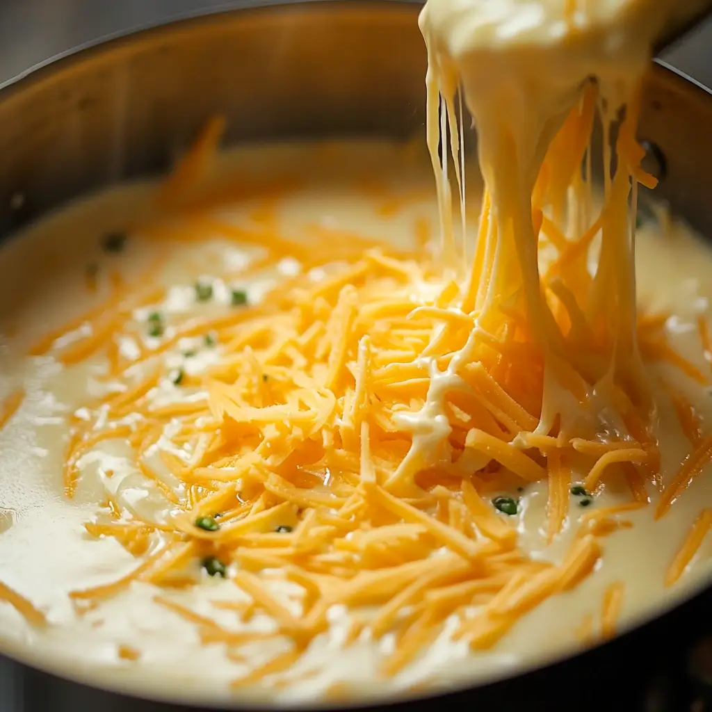 Image of shredded cheddar cheese melting into a creamy sauce in a saucepan