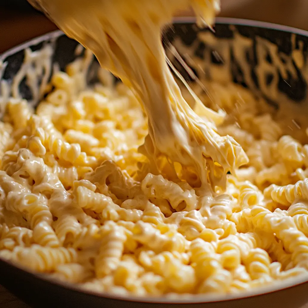 Image of cooked elbow pasta being mixed with creamy cheese sauce in a bowl.