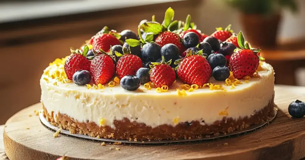 No-bake cottage cheese cheesecake topped with fresh berries and lemon zest on a rustic table