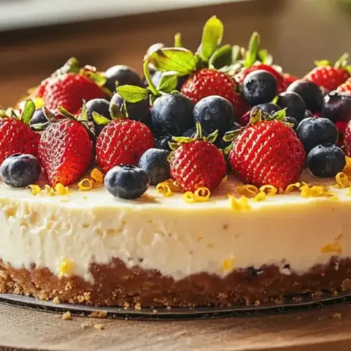 No-bake cottage cheese cheesecake topped with fresh berries and lemon zest on a rustic table