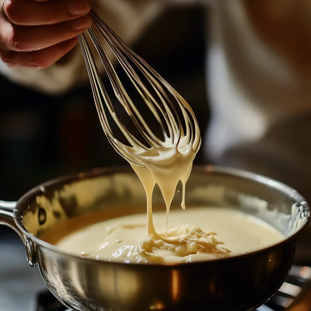 Image of milk being poured into a roux in a saucepan to prepare the cheese sauce for mac and cheese