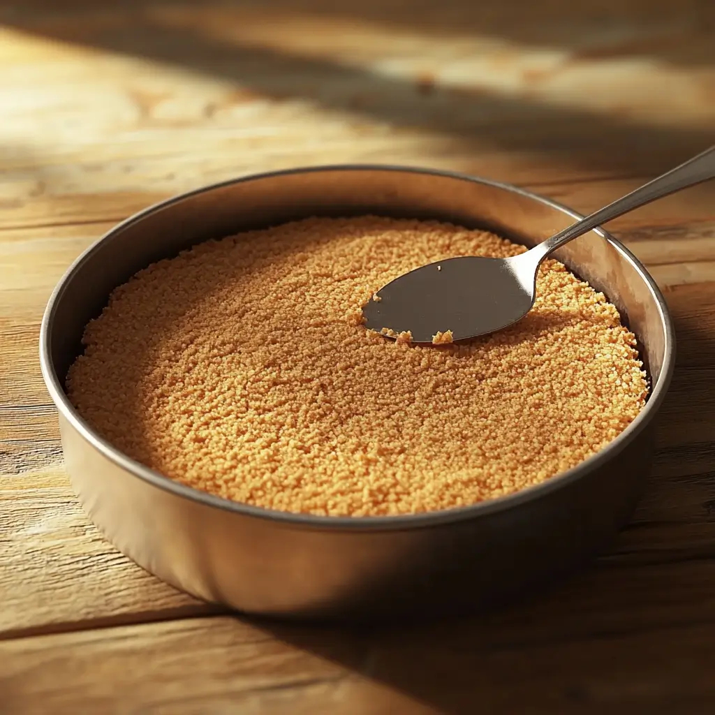 Firmly pressed graham cracker crust in a springform pan for a no-bake cheesecake