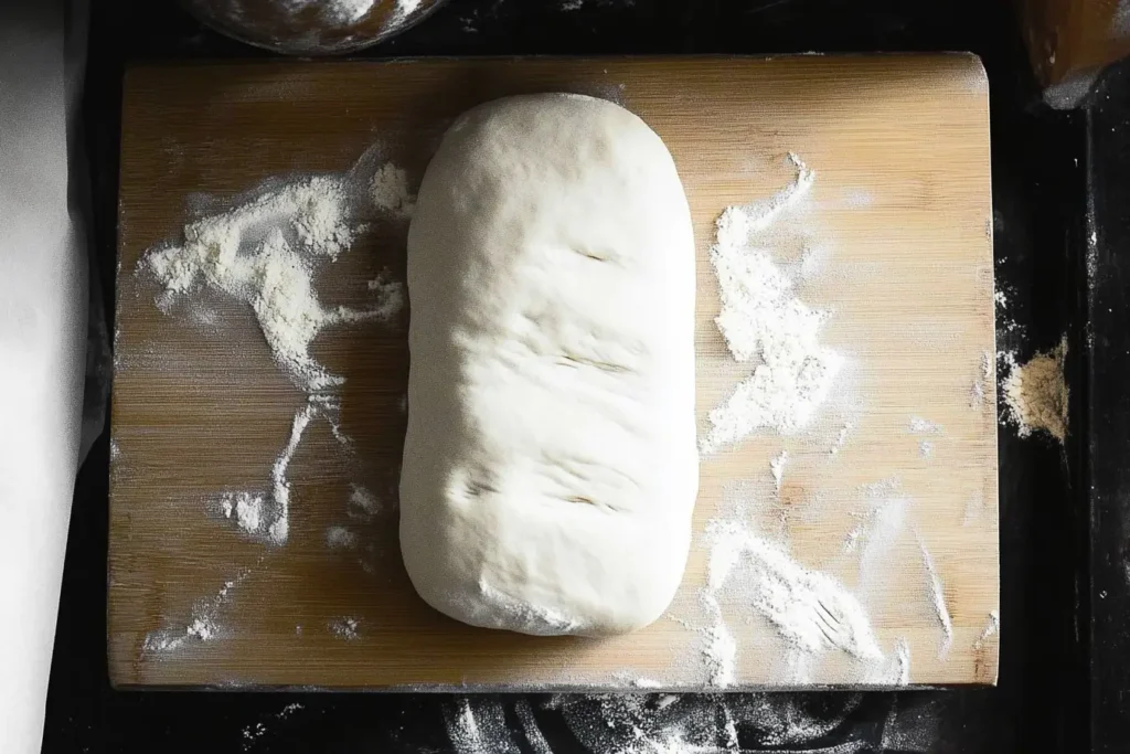 Shaped sourdough dough log placed on a floured surface, ready to be transferred into a loaf pan