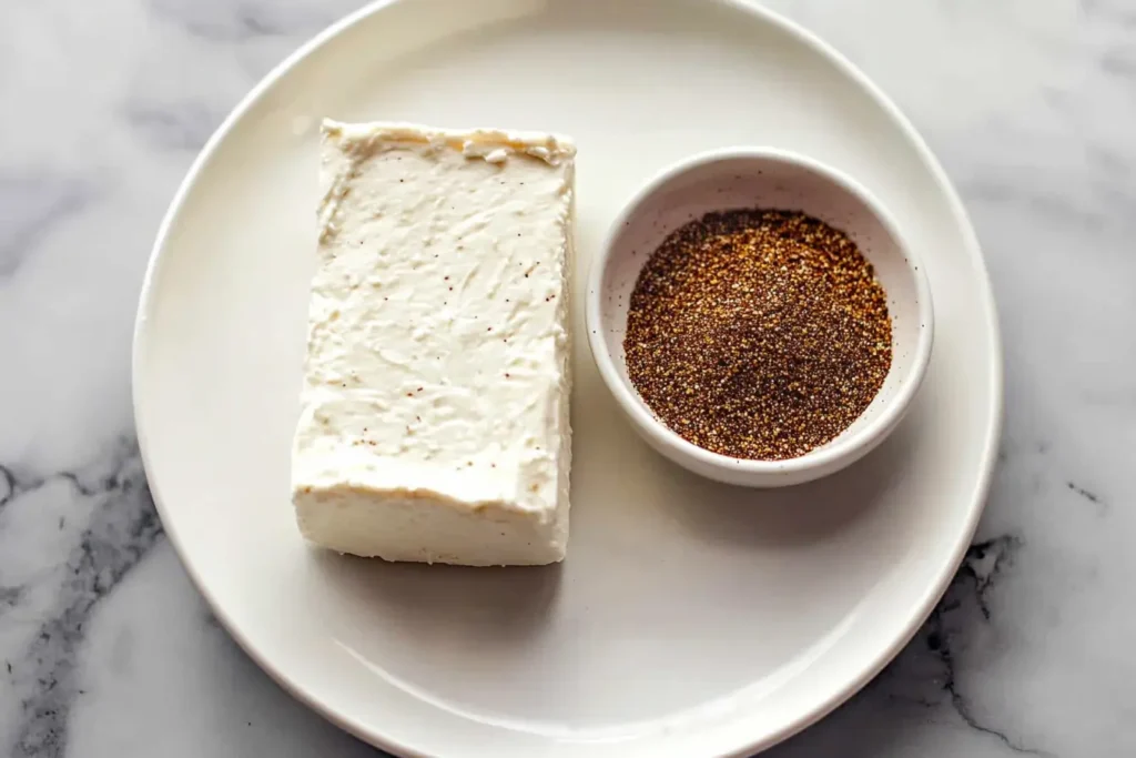 A block of cream cheese scored with a diamond pattern, ready for seasoning