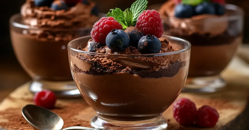 A beautifully served chocolate cottage cheese mousse with decorative toppings and fresh berries on a dessert plate