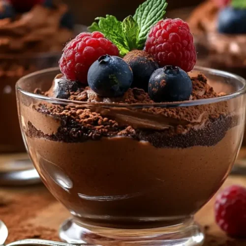 A beautifully served chocolate cottage cheese mousse with decorative toppings and fresh berries on a dessert plate