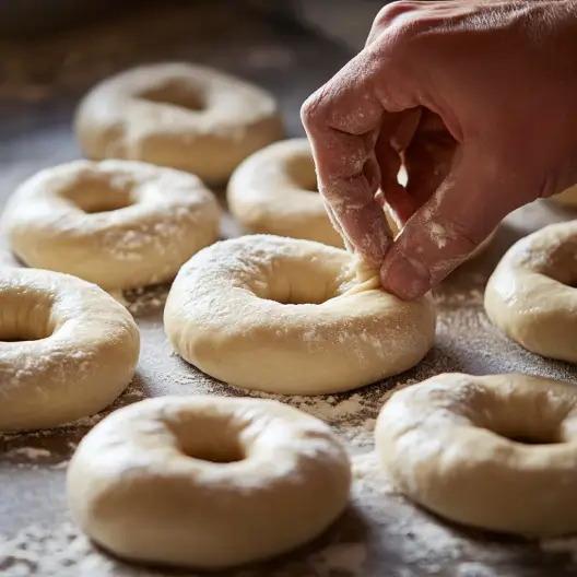 Hands shaping sourdough discard bagels on a floured surface with tools and dough nearby