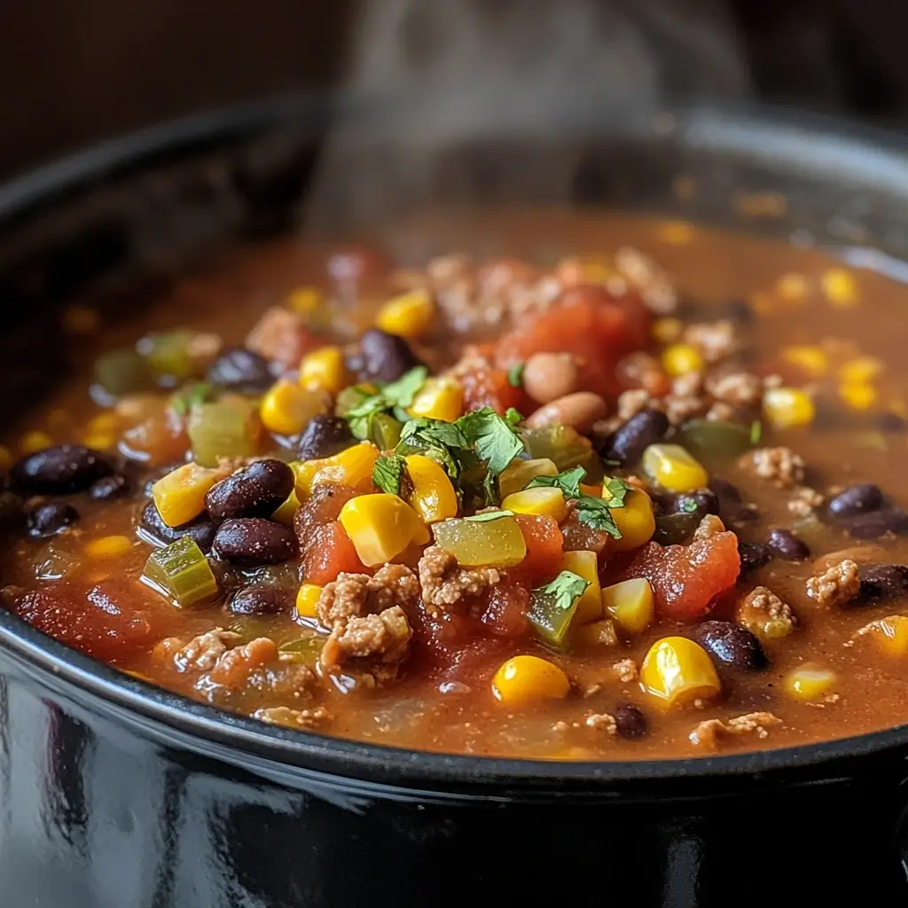 A pot of simmering Taco Soup with beans, tomatoes, corn, and spices, creating a flavorful base