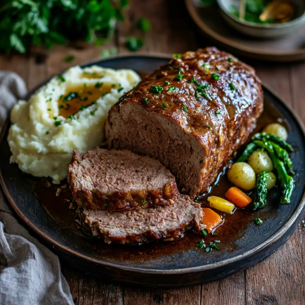 meatloaf recipe lipton onion soup,Freshly baked meatloaf resting, sliced to show tender texture, served with mashed potatoes and vegetables