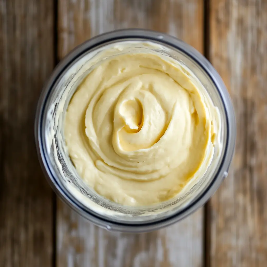 Top-down view of a blender with a perfectly smooth and creamy cheesecake mixture, showing a velvety consistency after blending