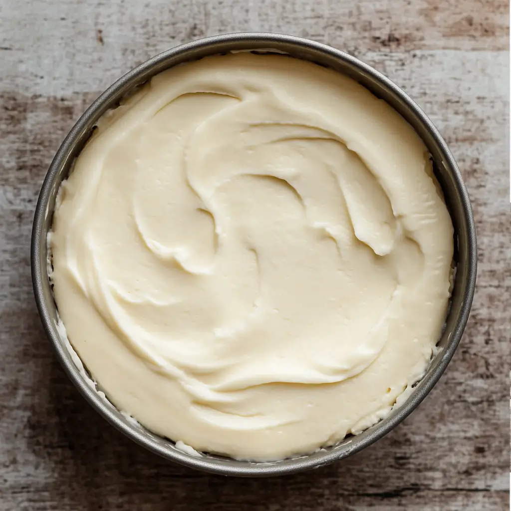 A spatula spreading creamy filling over the crust in a springform pan for no-bake cheesecake