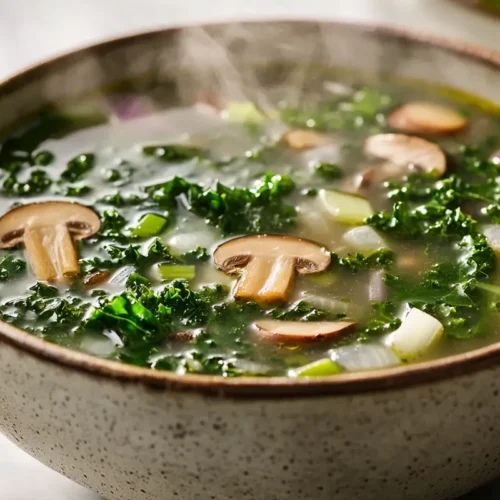 A steaming bowl of swamp soup with fresh kale, mushrooms, celery, and onions, placed on a rustic wooden table with a wooden spoon and fresh herbs in a cozy, homely setting