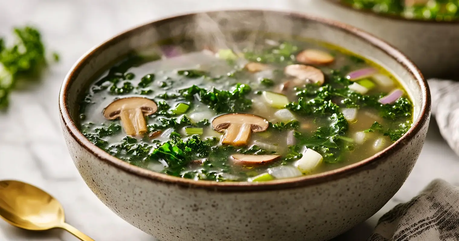 A steaming bowl of swamp soup with fresh kale, mushrooms, celery, and onions, placed on a rustic wooden table with a wooden spoon and fresh herbs in a cozy, homely setting