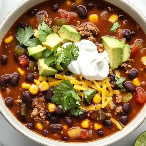 A bowl of Taco Soup Frios with beans, ground beef, corn, sour cream, avocado, cheese, and cilantro, served on a rustic wooden table