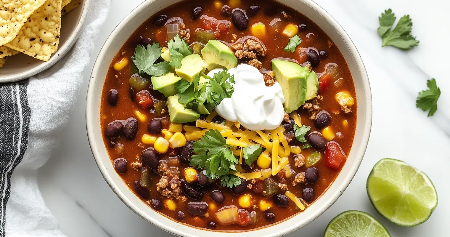 A bowl of Taco Soup Frios with beans, ground beef, corn, sour cream, avocado, cheese, and cilantro, served on a rustic wooden table