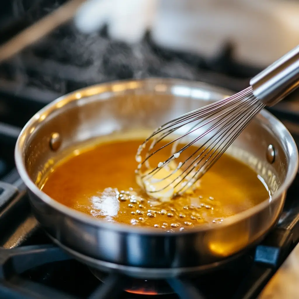 Image of butter and flour being whisked in a saucepan to create a roux for mac and cheese sauce