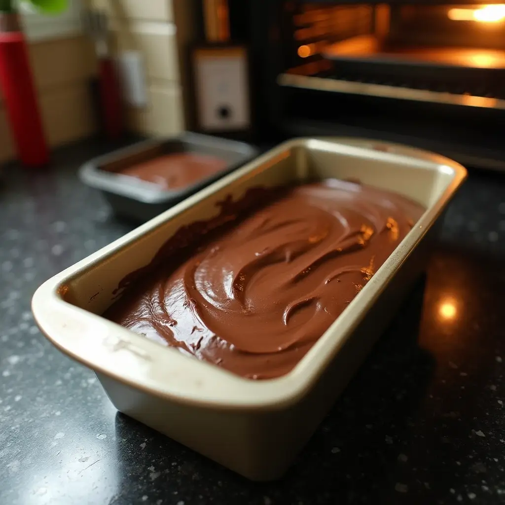 A loaf pan filled with smooth chocolate pound cake batter, ready to go into the oven, with the preheated oven glowing in the background