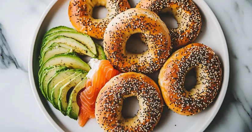 Golden brown sourdough discard bagels topped with sesame and poppy seeds on a rustic wooden board, styled with cream cheese, avocado, and smoked salmon