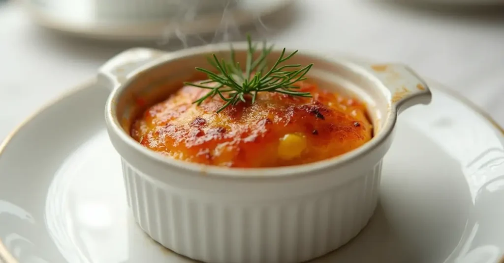 crab brulee recipe in a small white ramekin. The brûlée is slightly steaming and garnished with a sprig of fresh dill. It is served on a white plate with a white linen tablecloth in the background