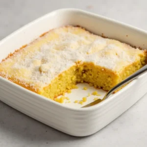 A golden-brown kefir pound cake on a ceramic platter with a slice served on a white plate, highlighting its moist and fluffy texture