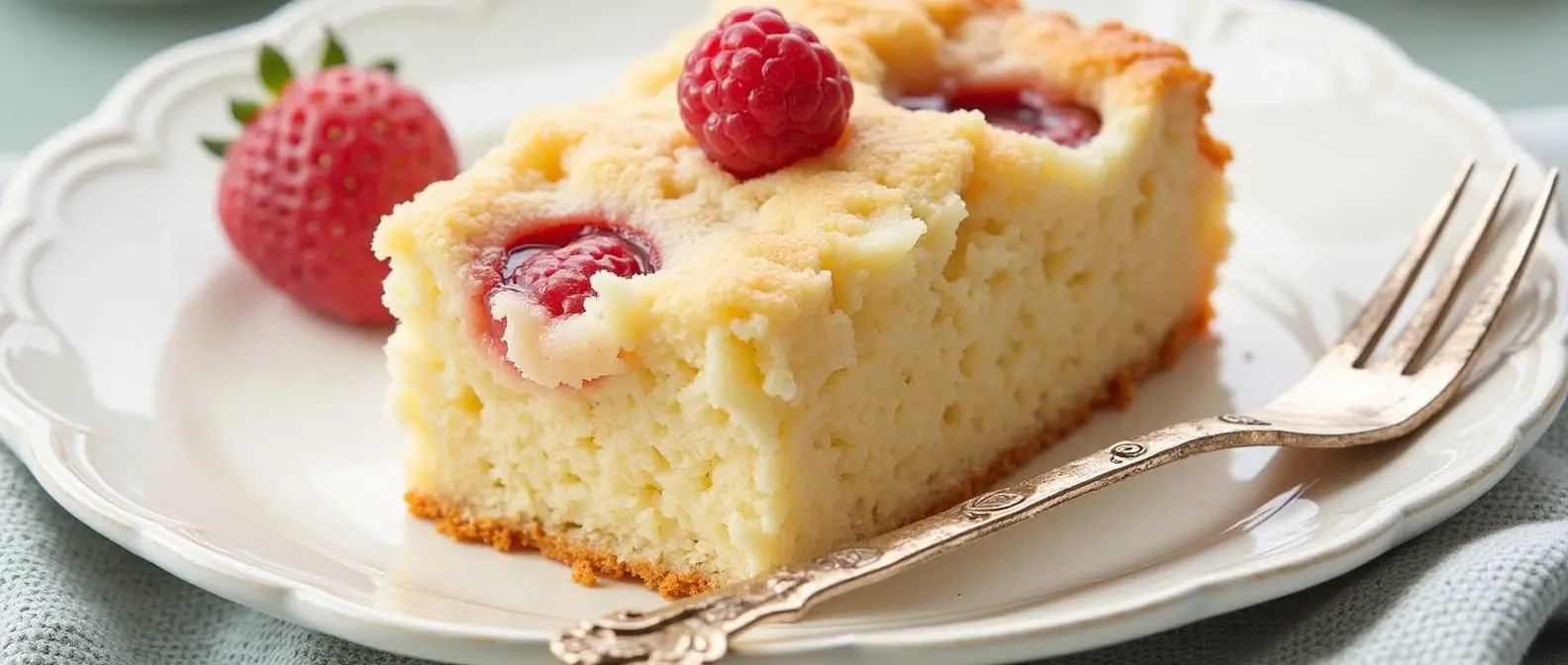 A slice of golden kefir sheet cake topped with fresh raspberries, served on a white plate with a vintage fork, and a strawberry on the side